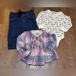 Baby Girl 3-6 Month Set - floral onsie, plaid shirt and jeans